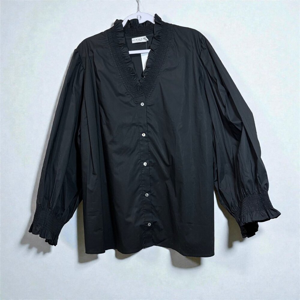 Harshman Bonnie Shirt 3X Black 100% Cotton Smocked V-Neck Puff Sleeve Boho Chic - Picture 2 of 11